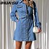 Spring Autumn Fashion Casual Button-up Slim Long Sleeve Denim Dress for Women