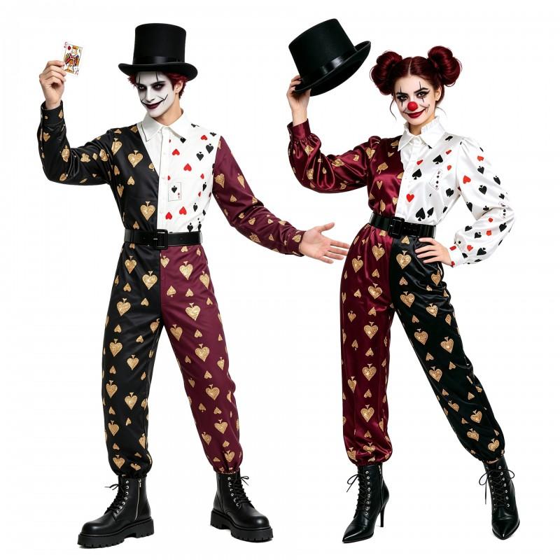 Halloween Circus Clown Costume Jumpsuit With Playing Card Print Unisex Festival Cosplay Outfit