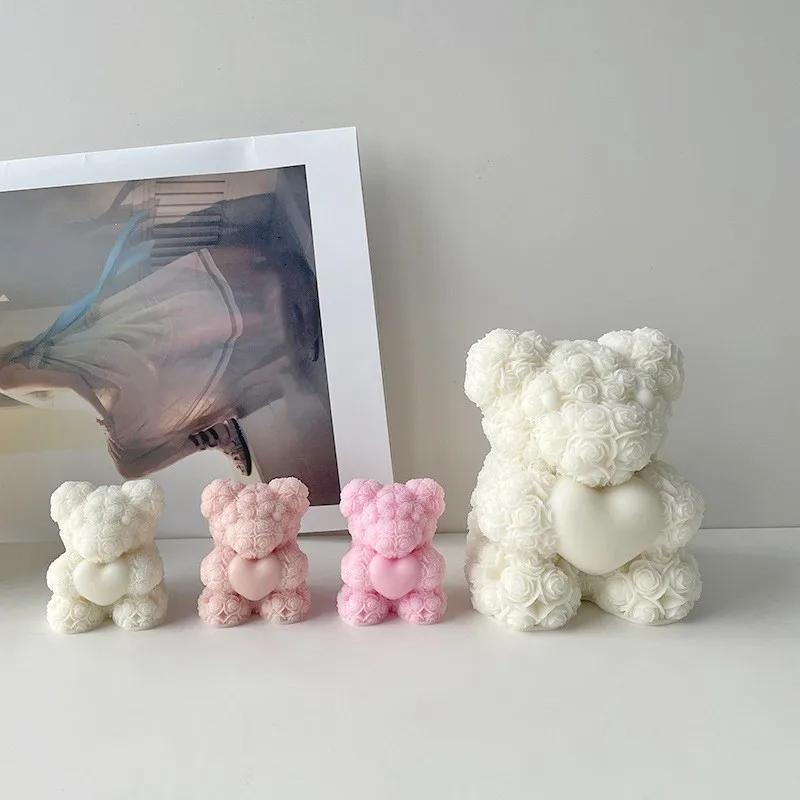 Top Quality Day Love Rose Bear 3D Candle Silicone Mold DIY Bears Handmade Soap Plaster Aroma Candle Mold Home Decor Crafts