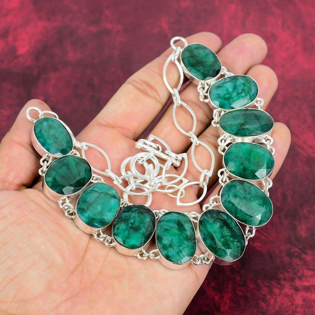 Emerald Necklace & Bracelet, 925 Solid Sterling Silver, Zambian Emerald Jewelry Set, Handmade Jewelry Necklace & Bracelet With Adjustable Chain