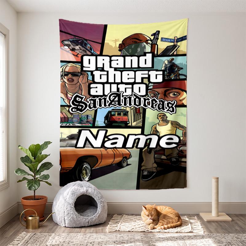 Grand Theft Auto (1) Декоративный настенный гобелен с настраиваемым именем - идеальный выбор для украшения стен в спальнях, гостиных, общежитиях и дома.