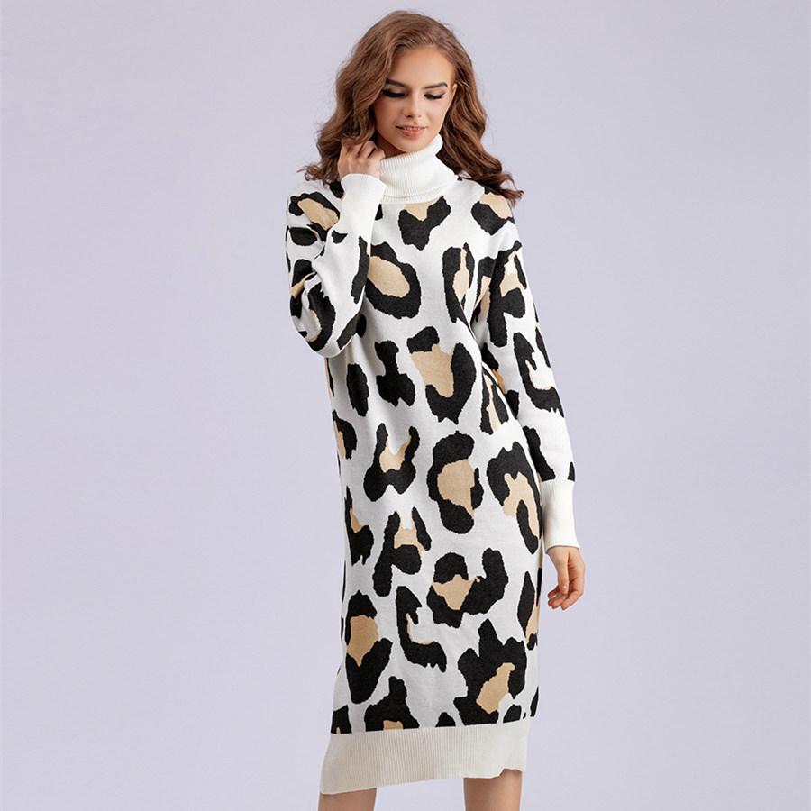 Осенне-зимнее женское длинное трикотажное платье с высоким воротником и леопардовым принтом