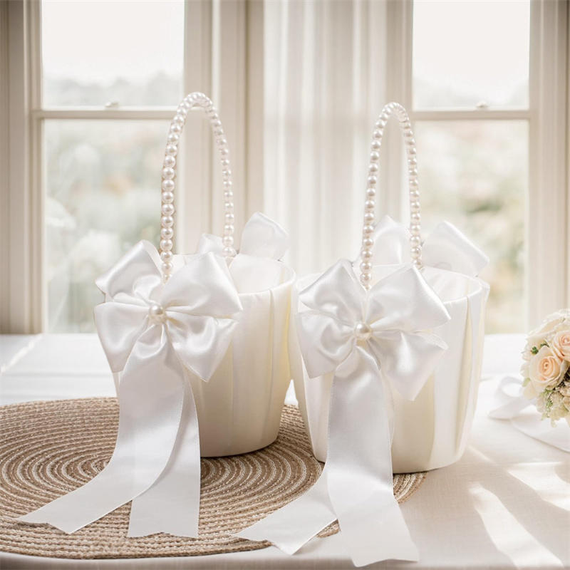 Белая цветочная корзина с бантом из искусственного жемчуга для девочек, свадебная цветочная корзина для невесты, детские украшения для свадебной церемонии