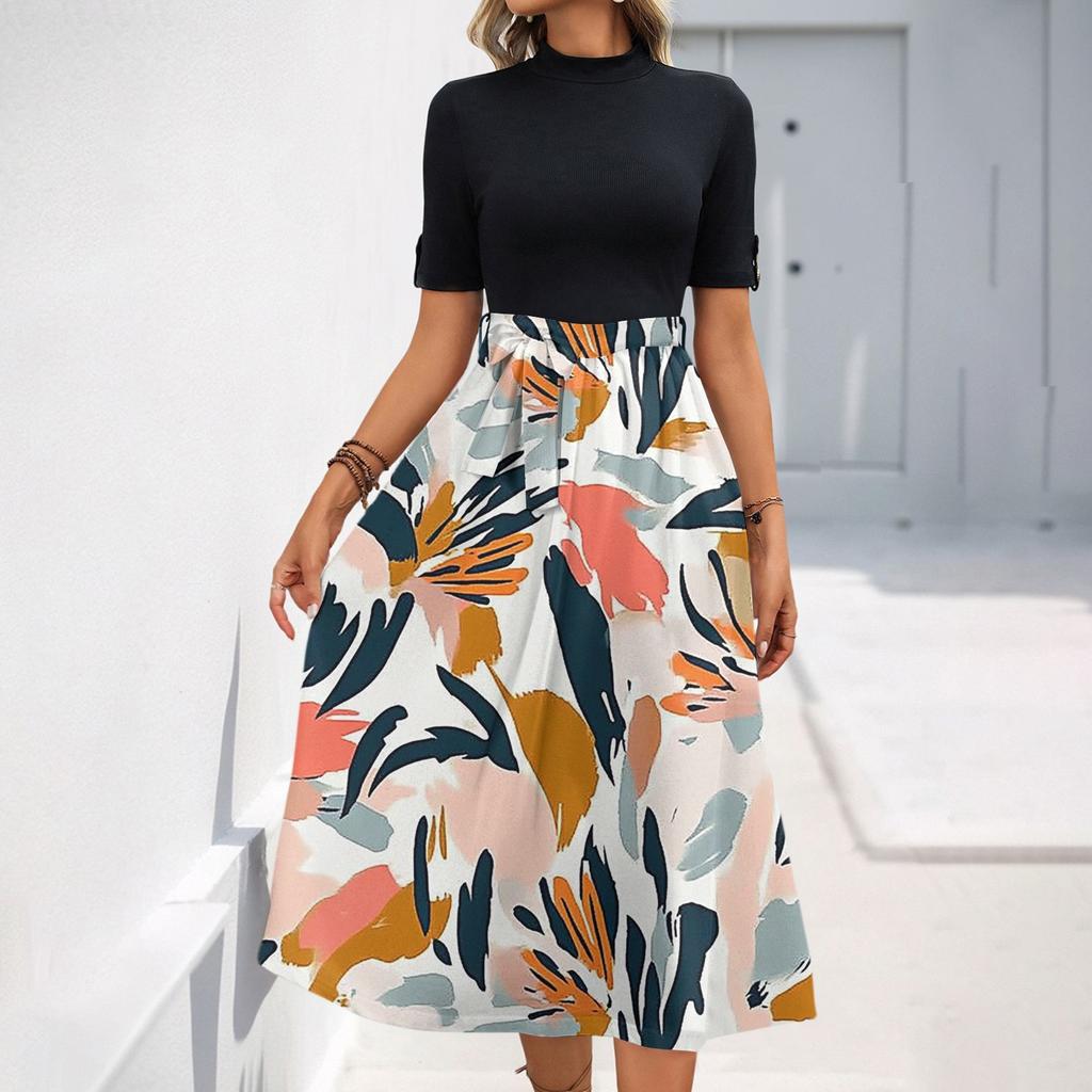 Женское модное повседневное платье с коротким рукавом и круглым вырезом с цветочным принтом и элегантным темпераментом