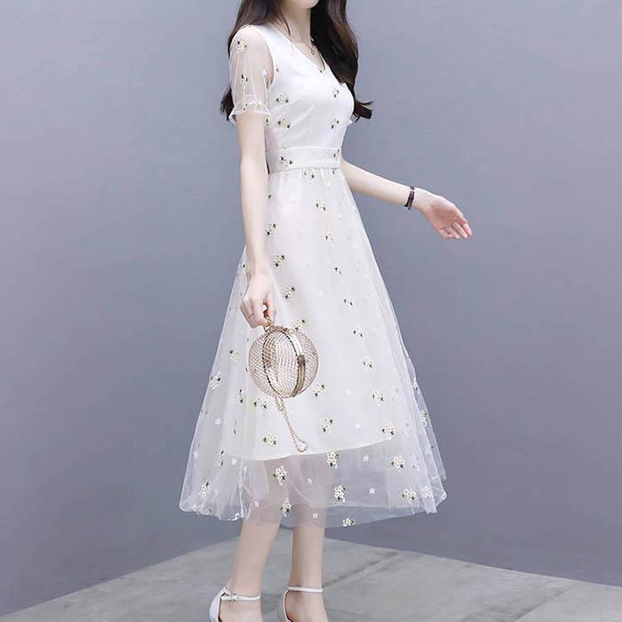 S-3XL женское летнее шифоновое сетчатое платье с v-образным вырезом, тонкое сексуальное длинное платье трапециевидной формы с короткими рукавами