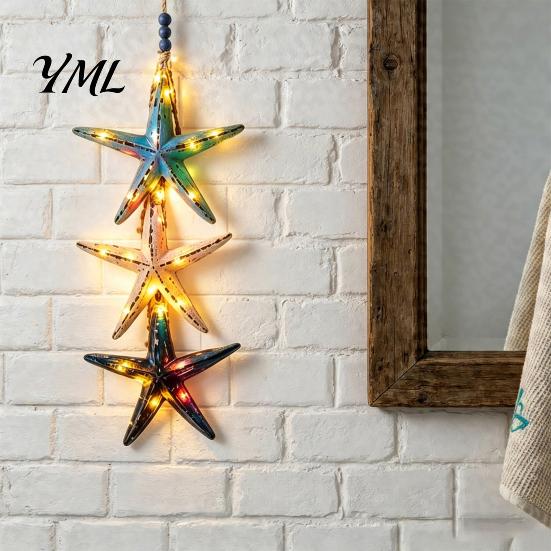 Maritime Inspired Home Accessories Lighted Wooden Fish Starfish Wall Decor, Beachy Decor with Warm LEDs, Handmade Beach Style Accents Coastal Nautical