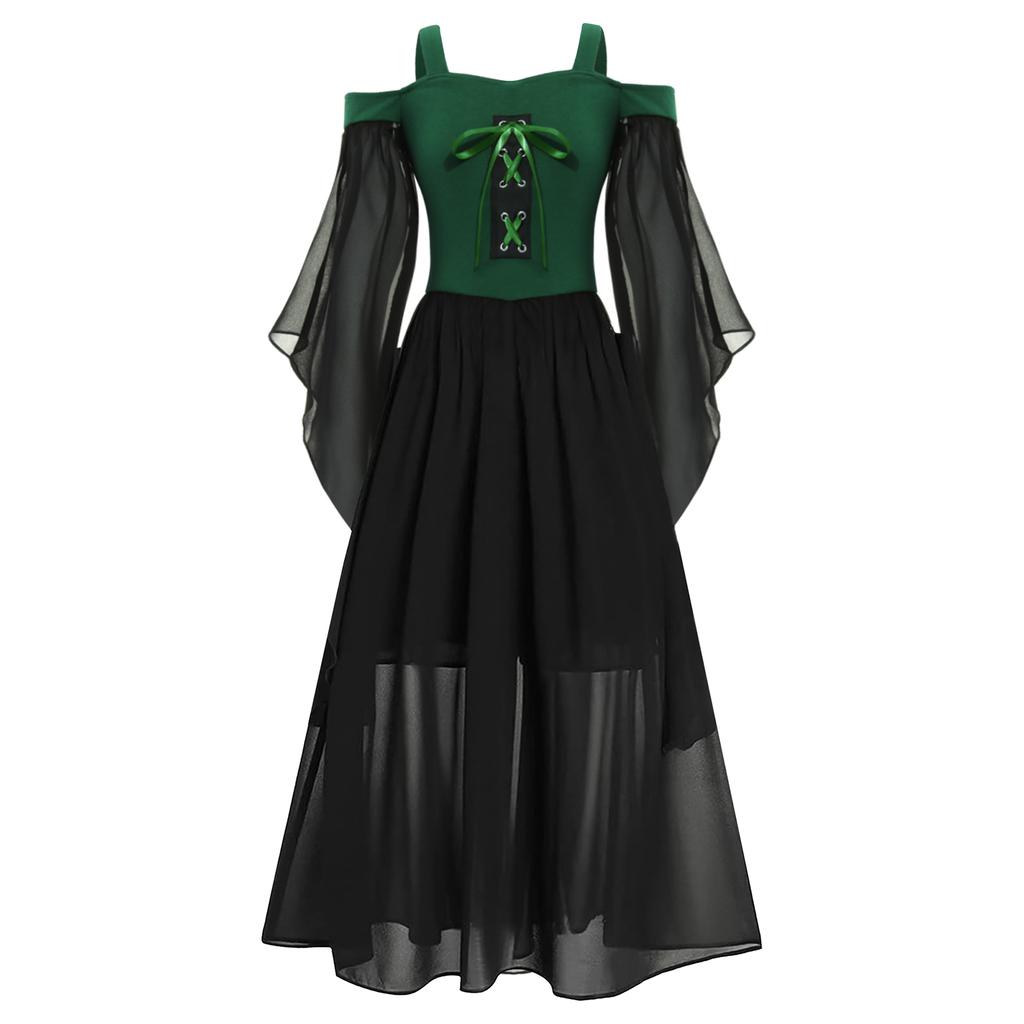 Kids Girls Renaissance Costume Halloween Cosplay Vintage Dress Up Cold Shoulder Lace Up Front Dresses