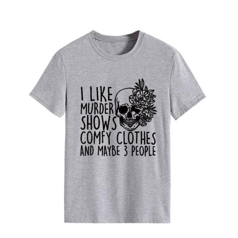 Hooded Simple Round Neck Top T-shirt I LIKE MURDER Printed Loose Round Neck Pure Cotton Short Sleeved Shirt T-Shirts Women’s