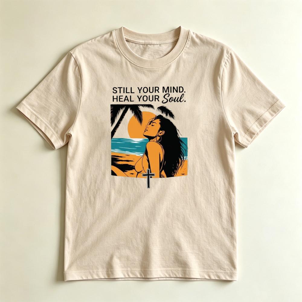 Still Your Mind Heal Your Soul Christian Beach Graphic TShirt Retro Christian Sunset Graphic Tshirt Unisex Summer Cotton Shirt