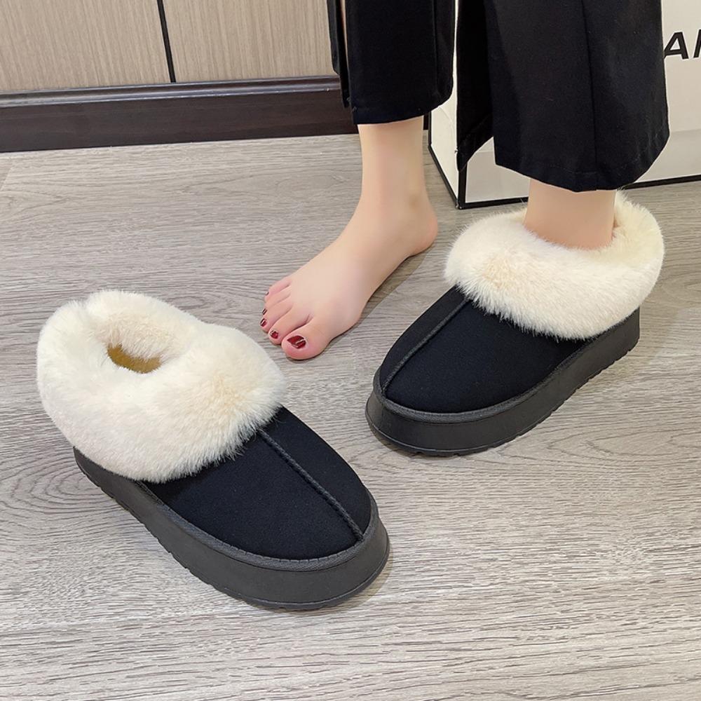 Зимние теплые утолщенные плюшевые хлопковые тапочки на массивной платформе, женские меховые тапочки на плоской подошве, женские 2024, новая пушистая обувь из искусственной замши