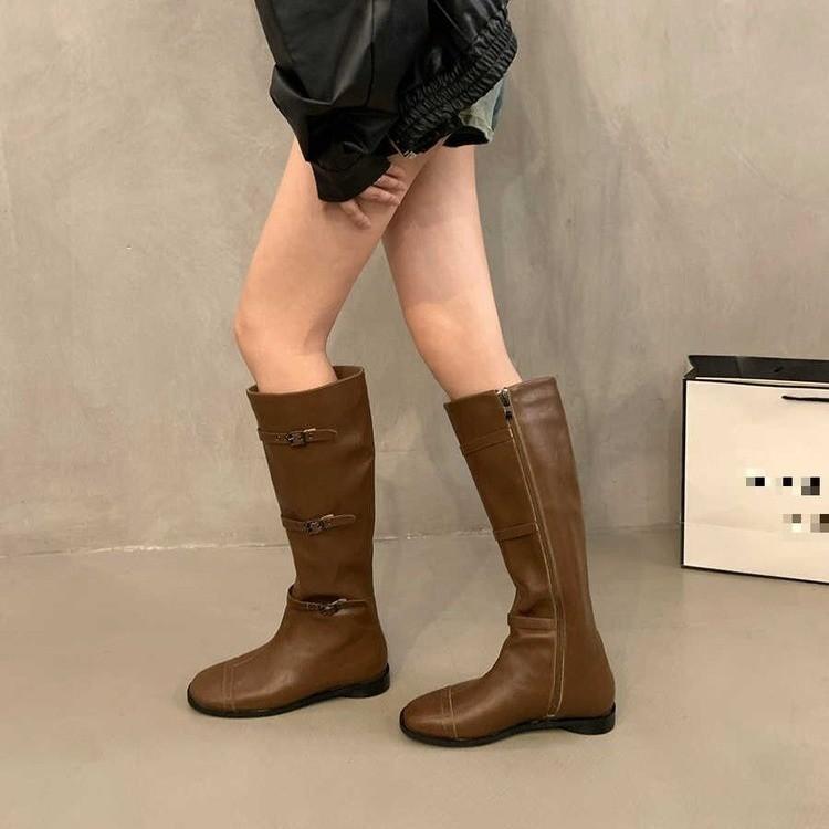 Walk Show Belt Buckle Boots Women'S Flat Heel Long Tube But Knee Retro Martin Knight Boots Western Cowboy Boots