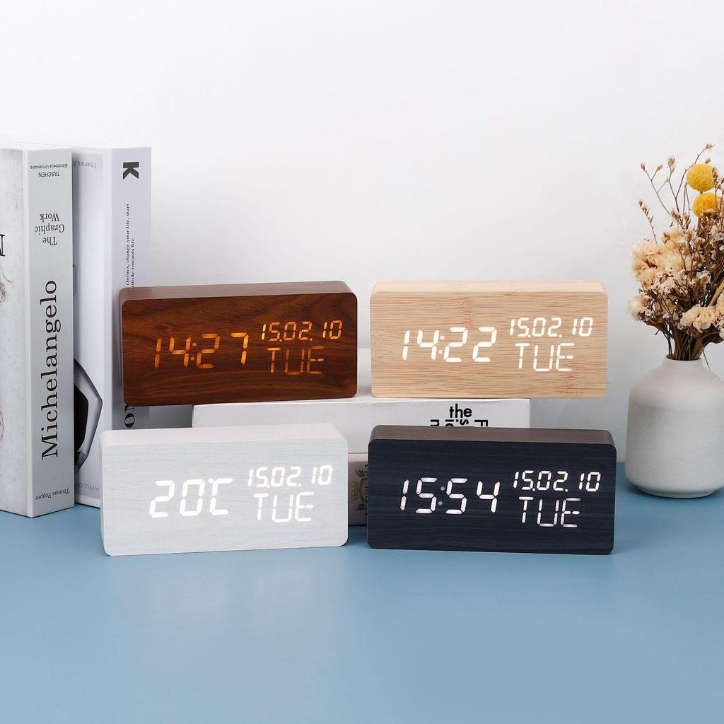Rectangular Perpetual Wooden LED Clock with Voice Control and Wake-up Function