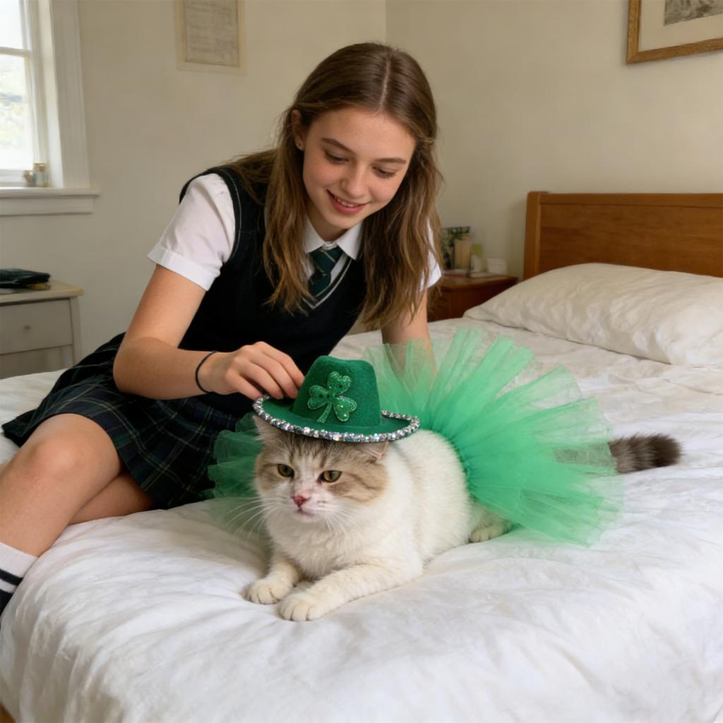 St. Patrick's Day Pet Hat & Set: Festive Green Cowboy Hat With /Crown Decor For Dogs & Cats