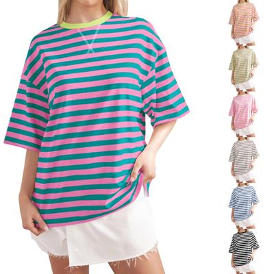 Женская спортивная рубашка с короткими рукавами и круглым вырезом в большую полоску, повседневный свободный пуловер, топ