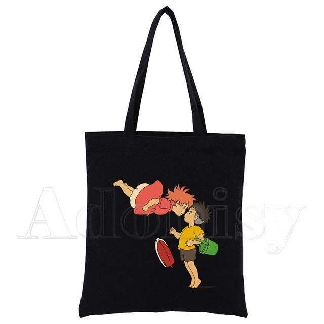 Холщовая черная сумка для покупок Ponyo, многоразовая тканевая сумка через плечо, подарочная сумка