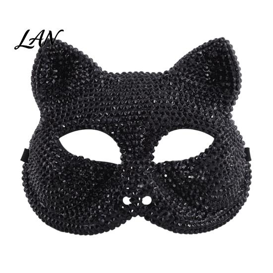 Sparkling Carnival Face Mask Full Rhinestone Halloween Mask, Skull And Cat Adjustable Elastic Straps Costume for Theme Dances Masquerade Party