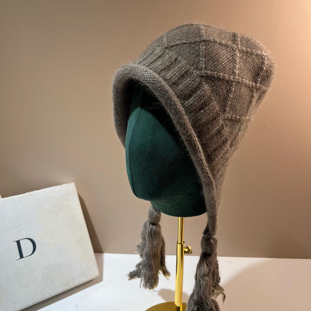 Russian Rabbit Velvet Warm Knitted Hat Winter Fringed Warm Soft Waxy Rabbit Fur Ear Protection Hat Outdoor Bag Head Wool Hat