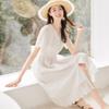 Women's V-Neck Hollow Embroidery Mid-Length Summer Dress 2025: Literary Style, Waist-Slimming, Little White Dress.