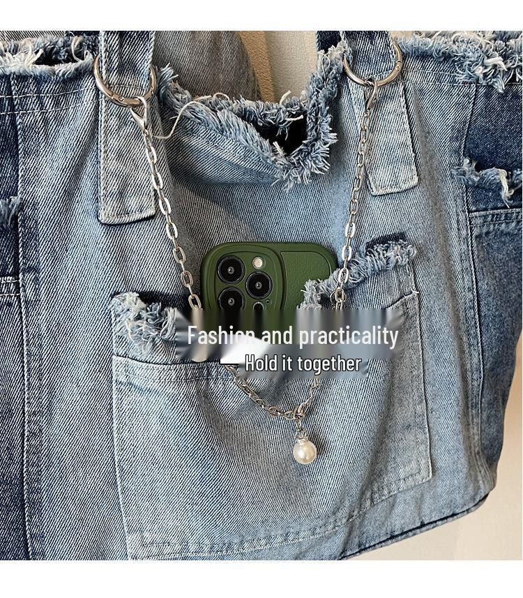 Нишевая джинсовая сумка-тоут с необработанным краем 2025, женская сумка через плечо большой вместимости для поездок на работу с модным шелковым платком