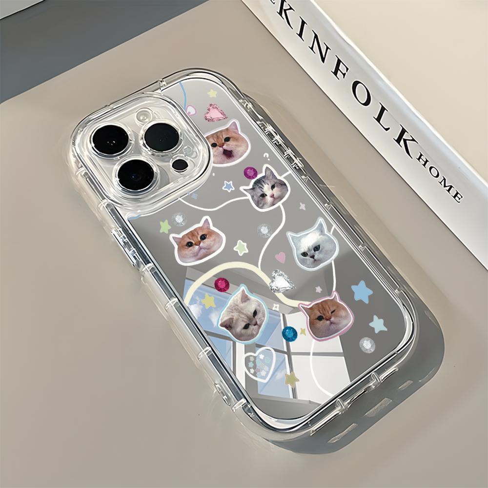 Стильный чехол с рисунком кота, мягкий, для iPhone 11 12 13 14 15 16 17 Pro Max 17 Air X XR XS 7 8 Plus, с зеркальной задней стороной, противоударный
