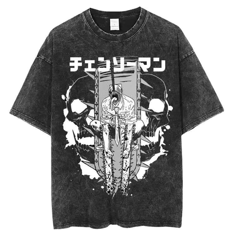 2026 Anime Chainsaw Man Graphic Printed T-shirt Men's and Women's Washed T-shirt High Quality Vintage Cotton T-shirt Y2K Tops