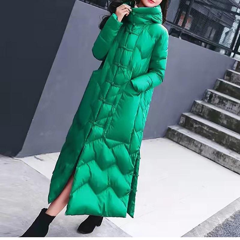 Women's Extra Long Retro Coat with Frog Button - New Version In White Duck Down, Chinese Ethnic Style