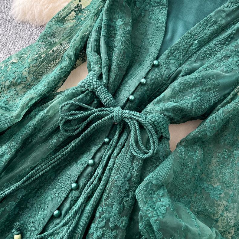 France Vintage Embroidery Formal Dresses Women Summer Autumn Lantern Long Sleeve Lace Pearl Prom Evening Birthday Party Dress