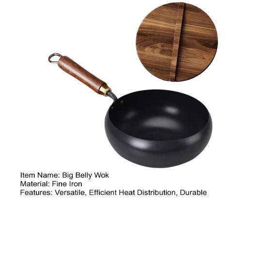 Forged Iron Wok with Wooden Lid Nonstick Skillet Pot Even Heating Fry Pan for Gas Stove Induction Cooker Ergonomic Handle Cooking Pot
