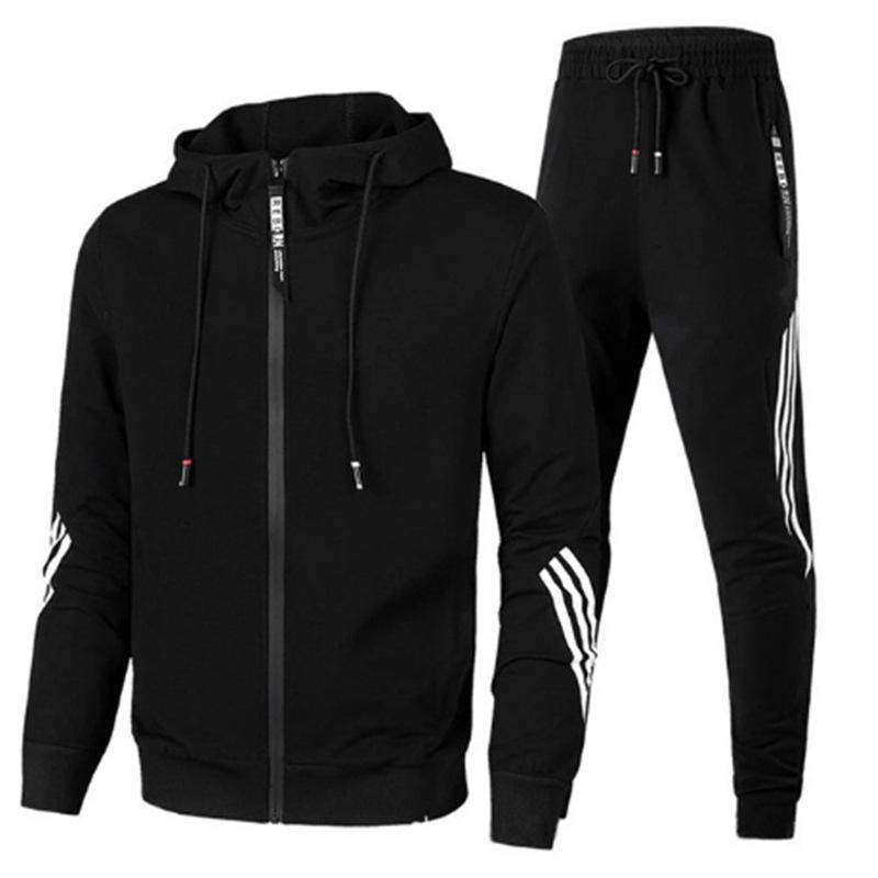 Men's Casual Sports Suit Three Bars Hooded Zipper Hoodie Long Pants Sports Suit