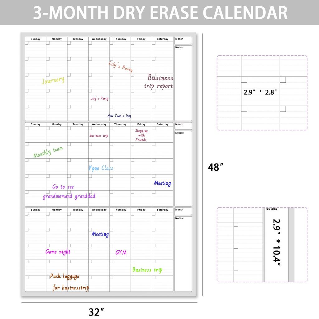 Undated 3 Month Erase Wall Calendar – Reusable Planning Board For Home 1ml