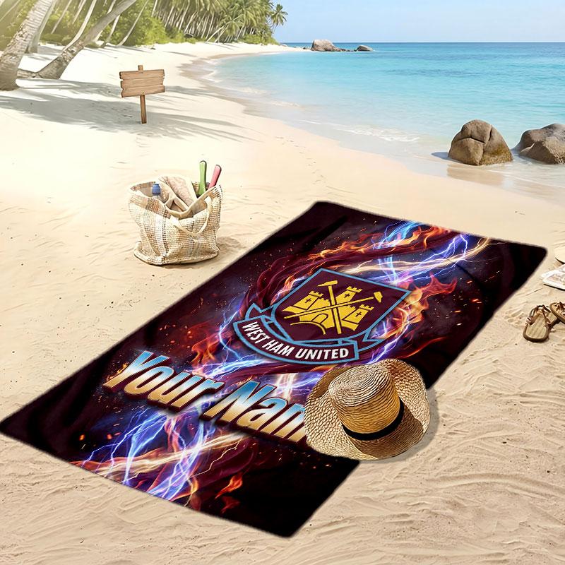 West Ham United FC Personalized Printed Beach Towel Soccer Logo Support Custom Name Text Absorbent Towel For Sport Travel Special Gift