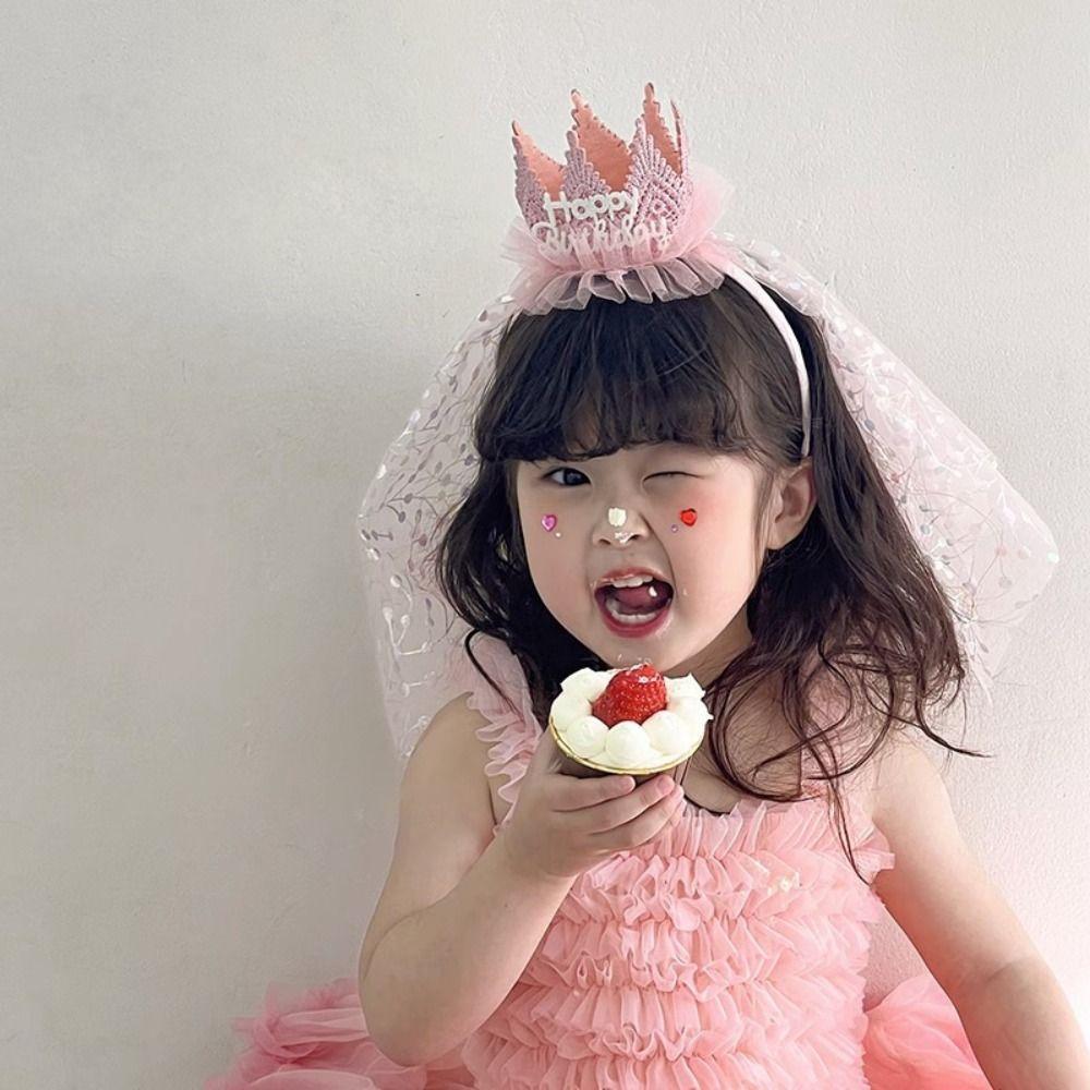 Аксессуары для волос с днем ​​рождения, повязка для волос, головной убор, повязка с короной, милый кружевной сетчатый обруч для волос для девочек