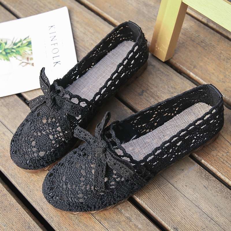 Летние туфли из ткани с бантом женские дышащие кружевные ажурные туфли на мягкой подошве туфли-бини на плоской подошве туфли для беременных вечерние нежные туфли