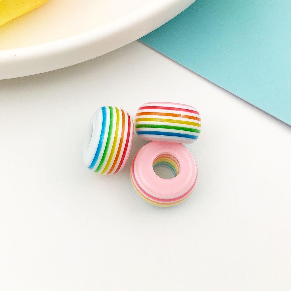 10 шт., 8*14 мм, круглые бусины из смолы в полоску с большим отверстием, акриловые семицветные радужные свободные бусины, браслет «сделай сам», интервальные бусины