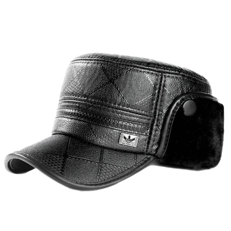 Зимняя новая мужская шляпа с плоским верхом, кожаная шляпа, уличная ветрозащитная, дедушкина бархатная утолщенная шапка с защитой ушей, теплая шапка