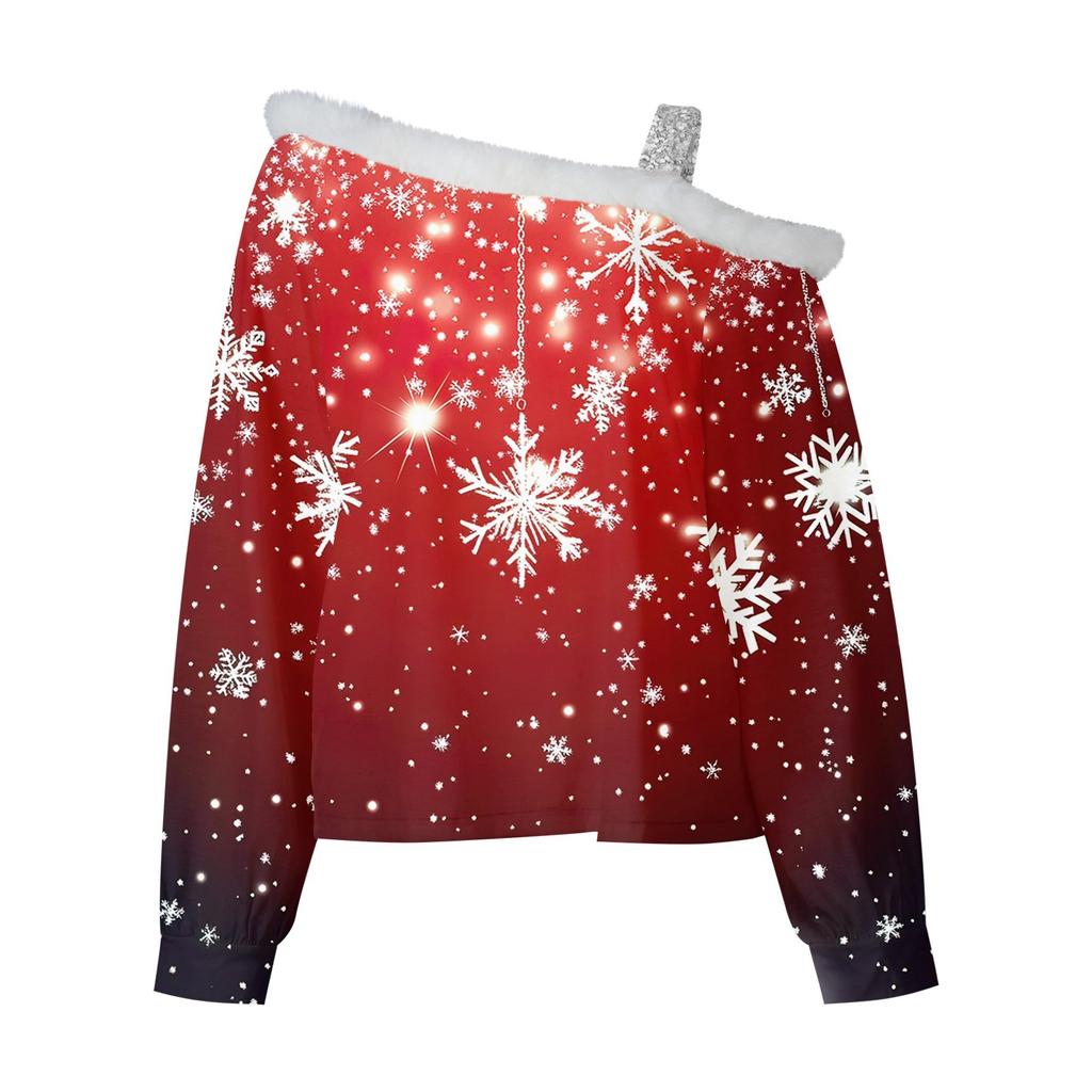 Женские топы с длинным рукавом, модные женские свободные пуловеры с рождественским принтом и открытыми плечами