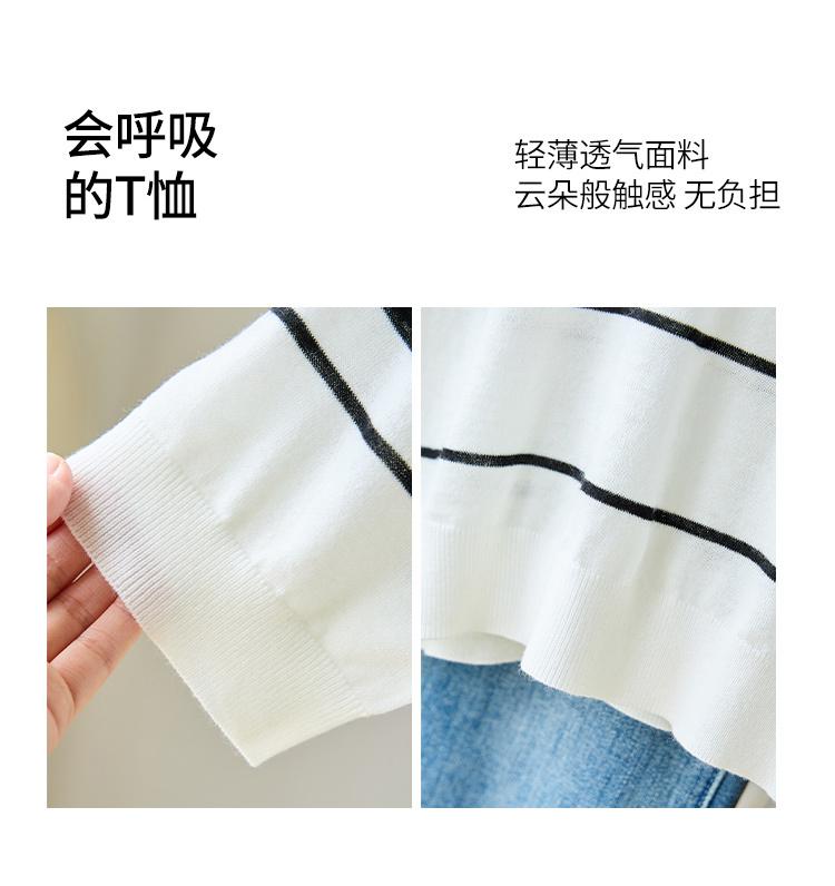 2025 New Summer Round Neck Stripe Color blocked [Cherry Embroidery] Short sleeved Knitted T-shirt Top for Women