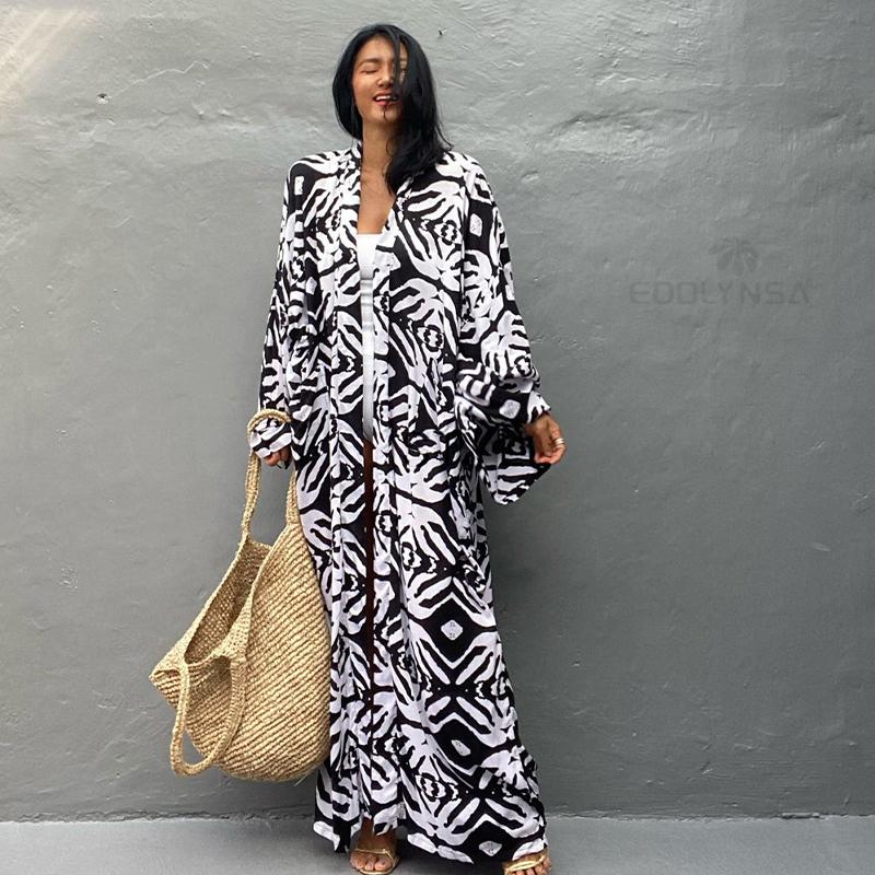 2022 модный купальник с геометрическим принтом, хлопковое кимоно с длинным рукавом и поясом, повседневное женское пляжное платье Q1340ear, купальный костюм, накидка
