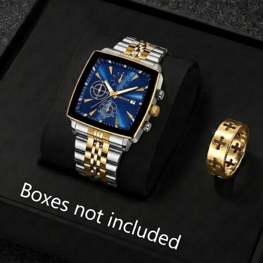 2PCS Fashion Men's Ring Watch Set Luxury Stainless Steel Man Business Watches With Calendar Relogio Masculino (Without Box)