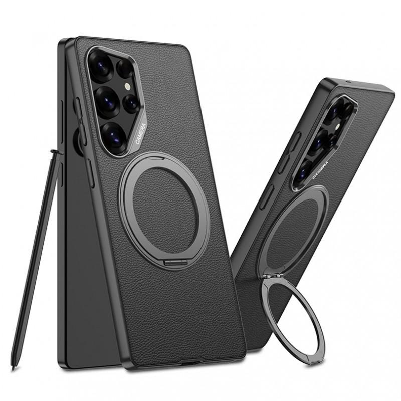 Premium Rotating Ring Stand Case Galaxy S25 Ultra S24 S23 Metal Finish Faux Leather With Drop Protection