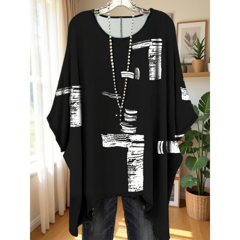 New cross-border women's summer geometric pattern printed design hem irregular loose round neck long top for women