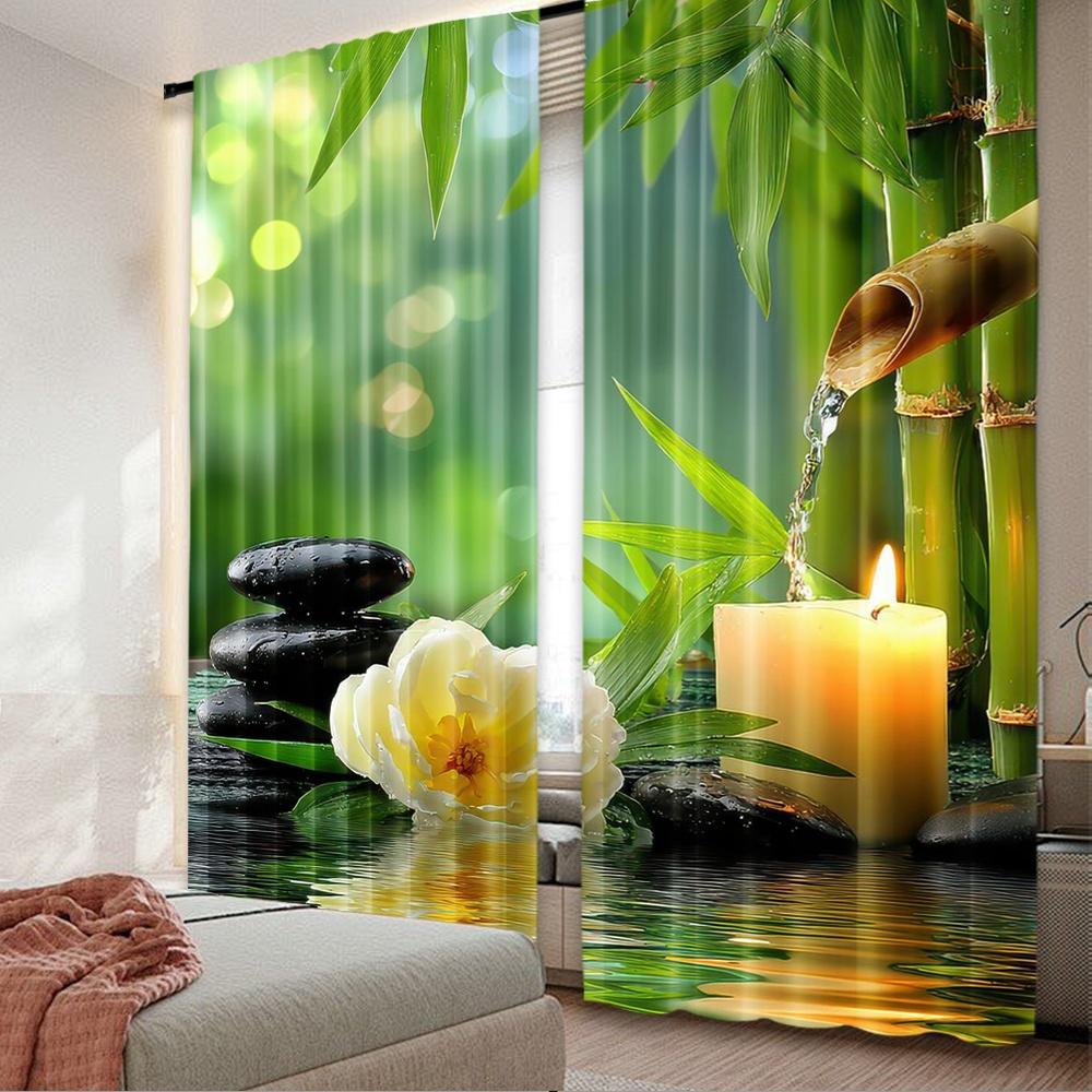 2D flat printing 2pcs Curtain Window Drapes Bamboo Serenity Scene Digital Printed Polyester Drapes Festive Wall Decor Perfect