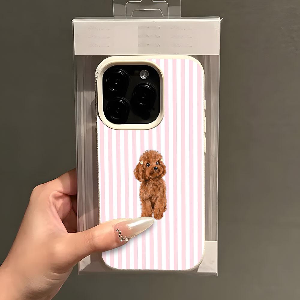 Чехол для телефона с розовыми полосками и милым плюшевым псом для iPhone 17e 16e Air 17 16 15 Pro Max 14 13 12 11 Plus, защитный чехол из личи-силикона