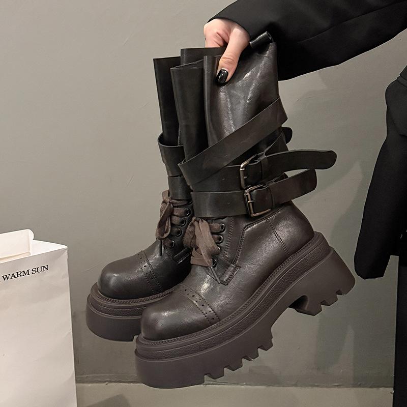 Черные ботинки Мартин женские 2025 новые осенние одинарные ботинки ретро британский стиль толстая подошва увеличивающие рост западные ковбойские короткие ботинки