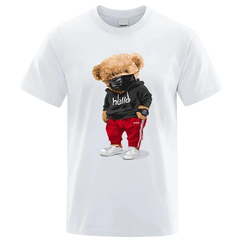 Cotton Tees 100% Cotton Sports Mask Bear Print Short-sleeved T-shirt Male Half-sleeved Summer Casual Oversized T-Shirts Men’s