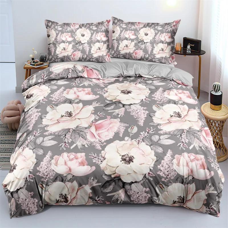 3D Design Flower Duvet Cover Sets King Queen Twin Size Floral Print Bedding Set Bedroom Decor Dark Gold Flowers for Girls Women