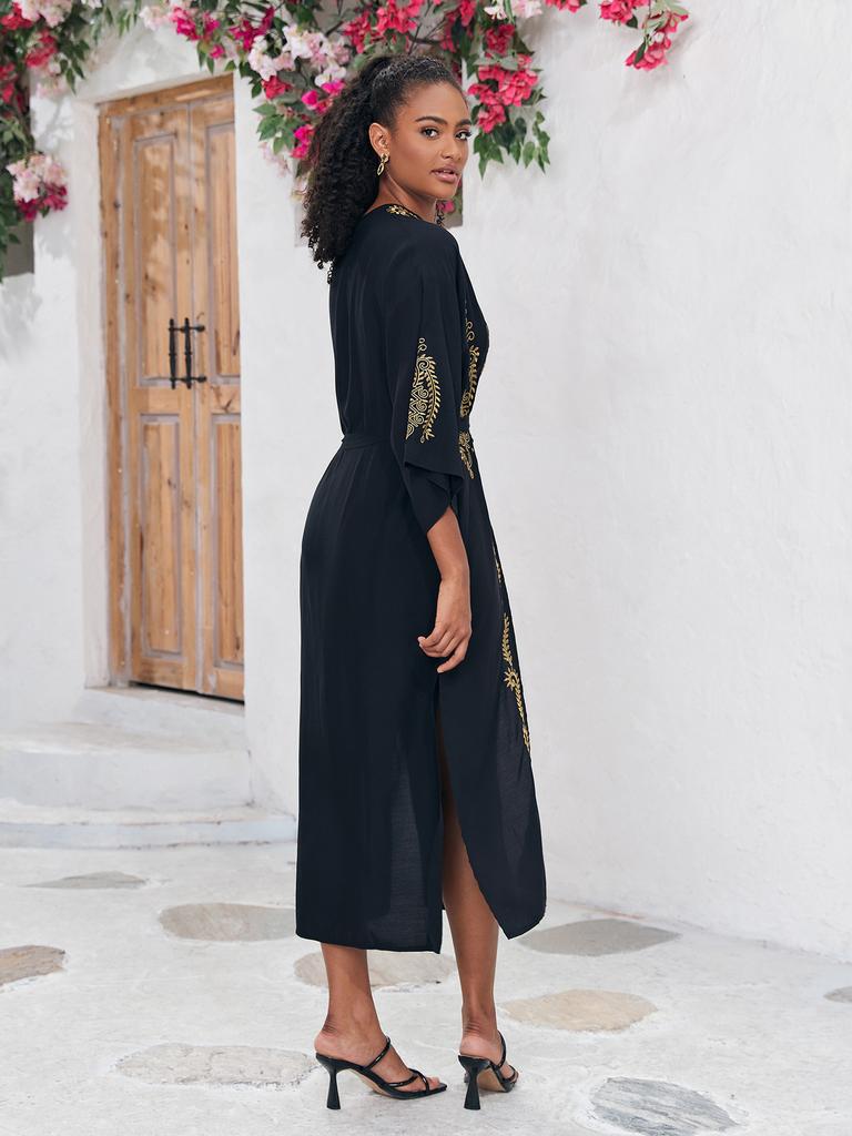 Beach Kimono Gold Embroidery Cover Ups for Swimwear Self Belted Swimsuit Cape Wrap Dresses Holiday Bathing Suits