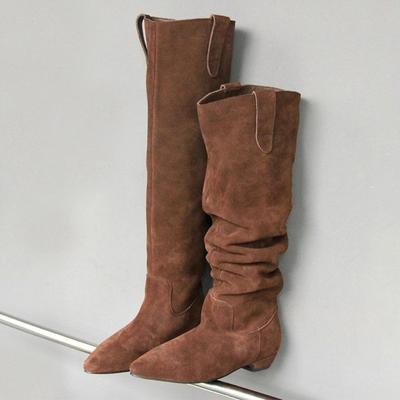 Женские длинные сапоги с острым носком, плоская подошва, модные ботфорты до колена, зимние дизайнерские ботинки челси для ходьбы, новый бренд Mujer Botas