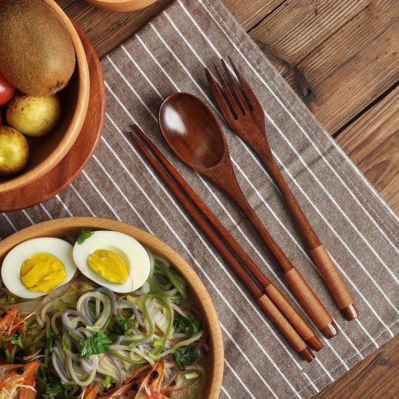 Portable 3-piece Set Korean Wooden Tableware Fork Spoon Chopsticks Solid Wood Long Handle Spoon Chopsticks Tableware Dinnerware