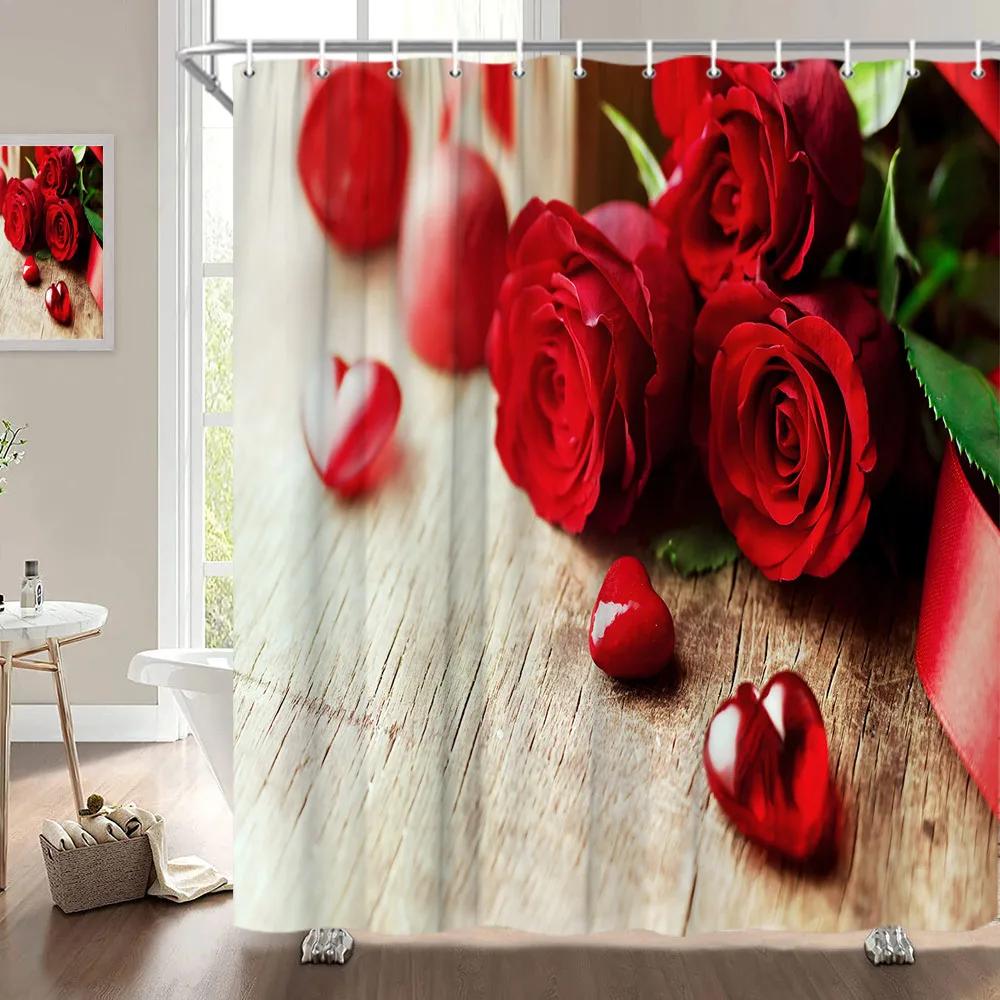 Занавеска для душа на День святого Валентина, Сердце из роз, Романтическое растение, Любовь, Губная помада, Полиэстер, Принт, Украшение для ванной комнаты